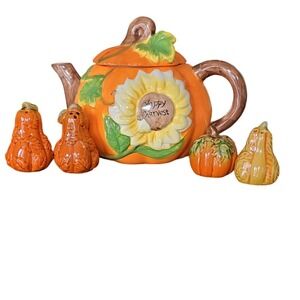 Autumn Harvest Ceramic Pumpkin Teapot w/ 2 Salt  Pepper Sets Seasonal Home Decor